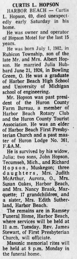 Hooks Waterfront Resort (Train Station Motel, Hopson Motel) - July 4 1971 Former Owner Passes Away
